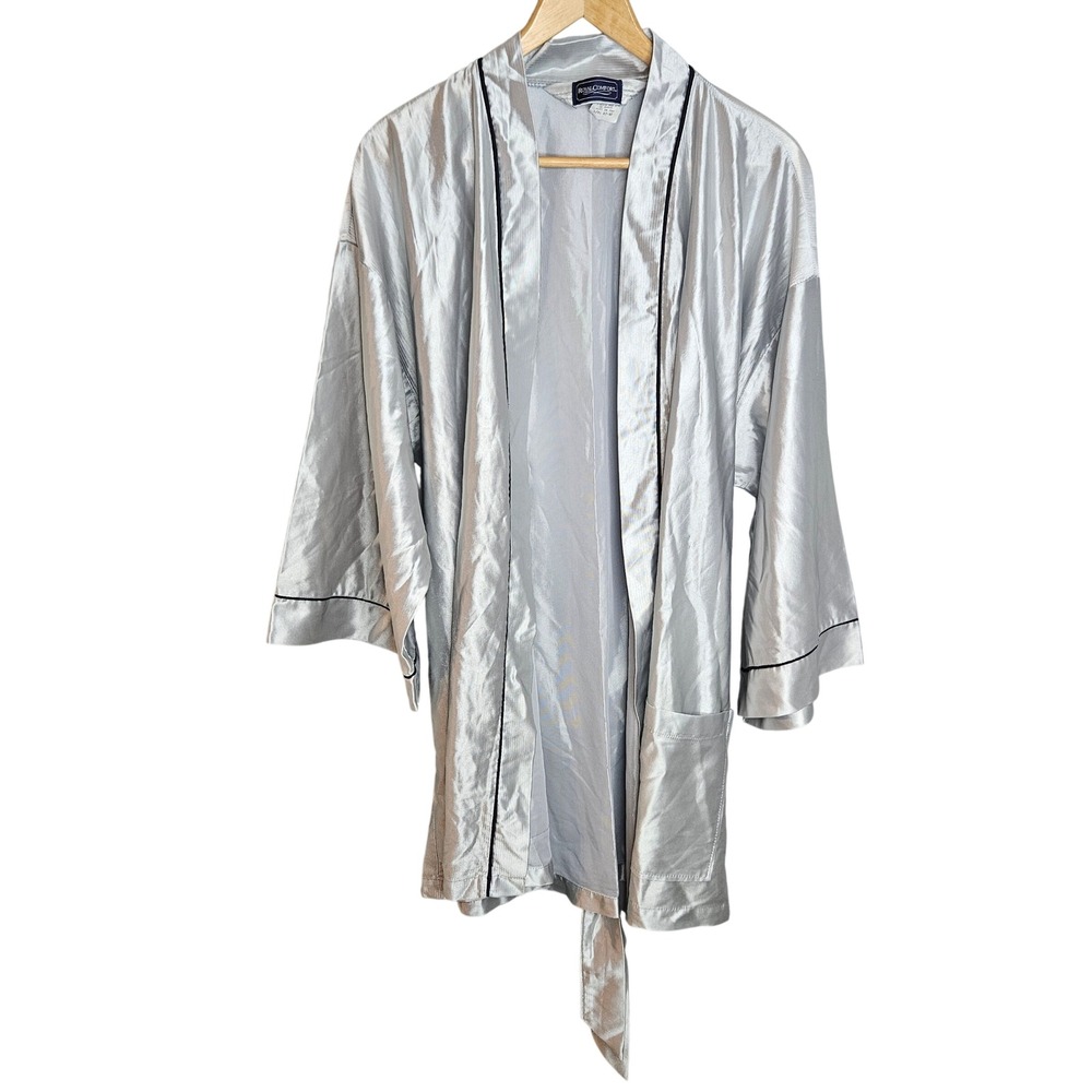 Royal Comfort Vintage Silver Satin Kimono Robe L/XL Made in USA Contrast Piping
